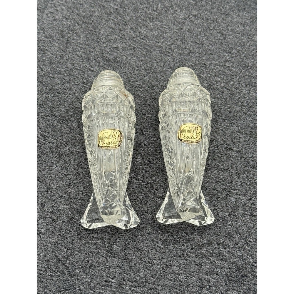 Antique Bohemian Crystal Salt & Pepper Shaker Clear Glass Lids Czechoslovakia